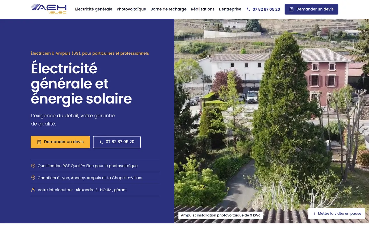 Le site d’AEH ELEC, électricité et photovoltaïque, Ampuis, réalisé par Odratta