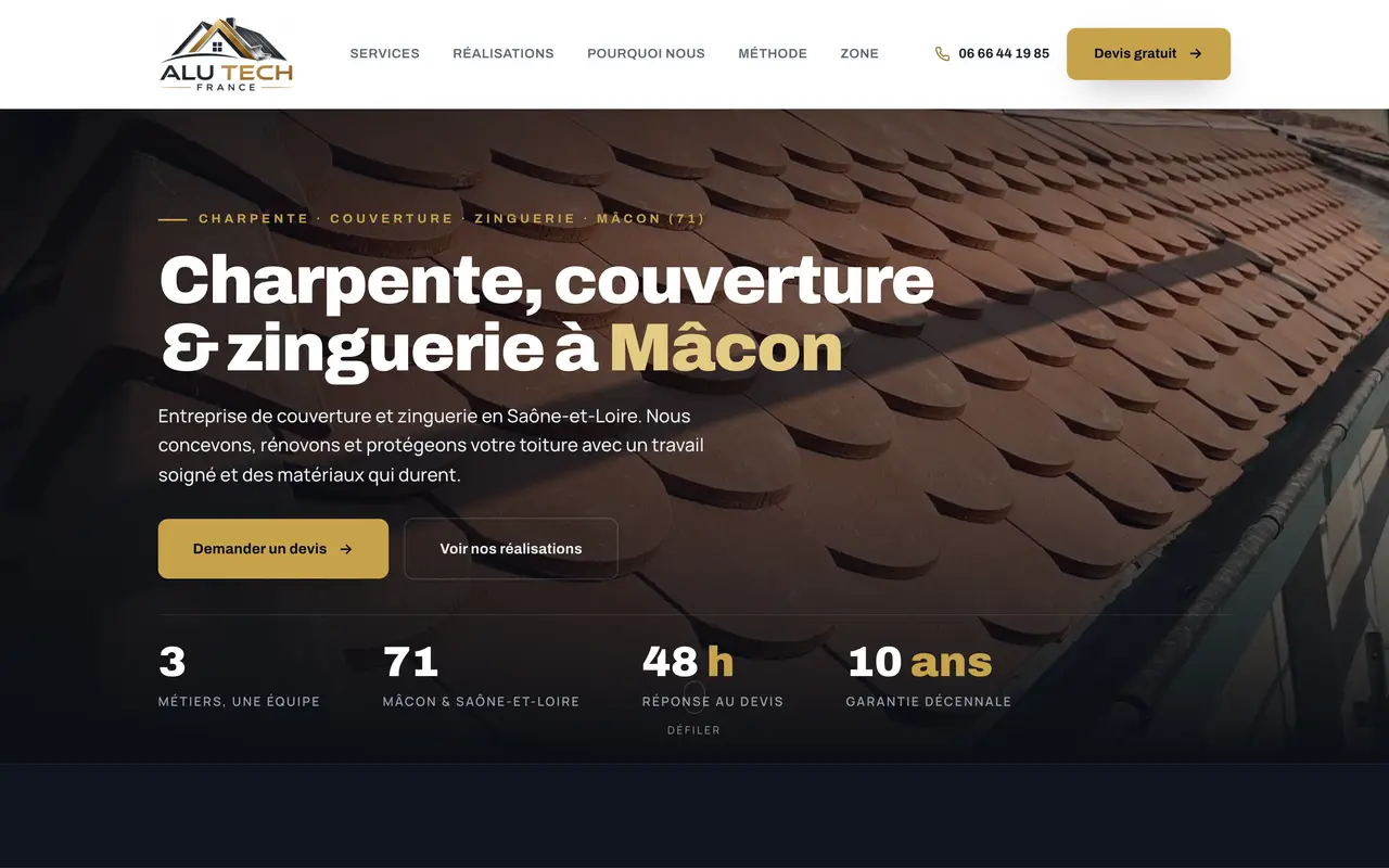 Le site d’ALU TECH FRANCE, charpente, couverture et zinguerie, Mâcon, réalisé par Odratta