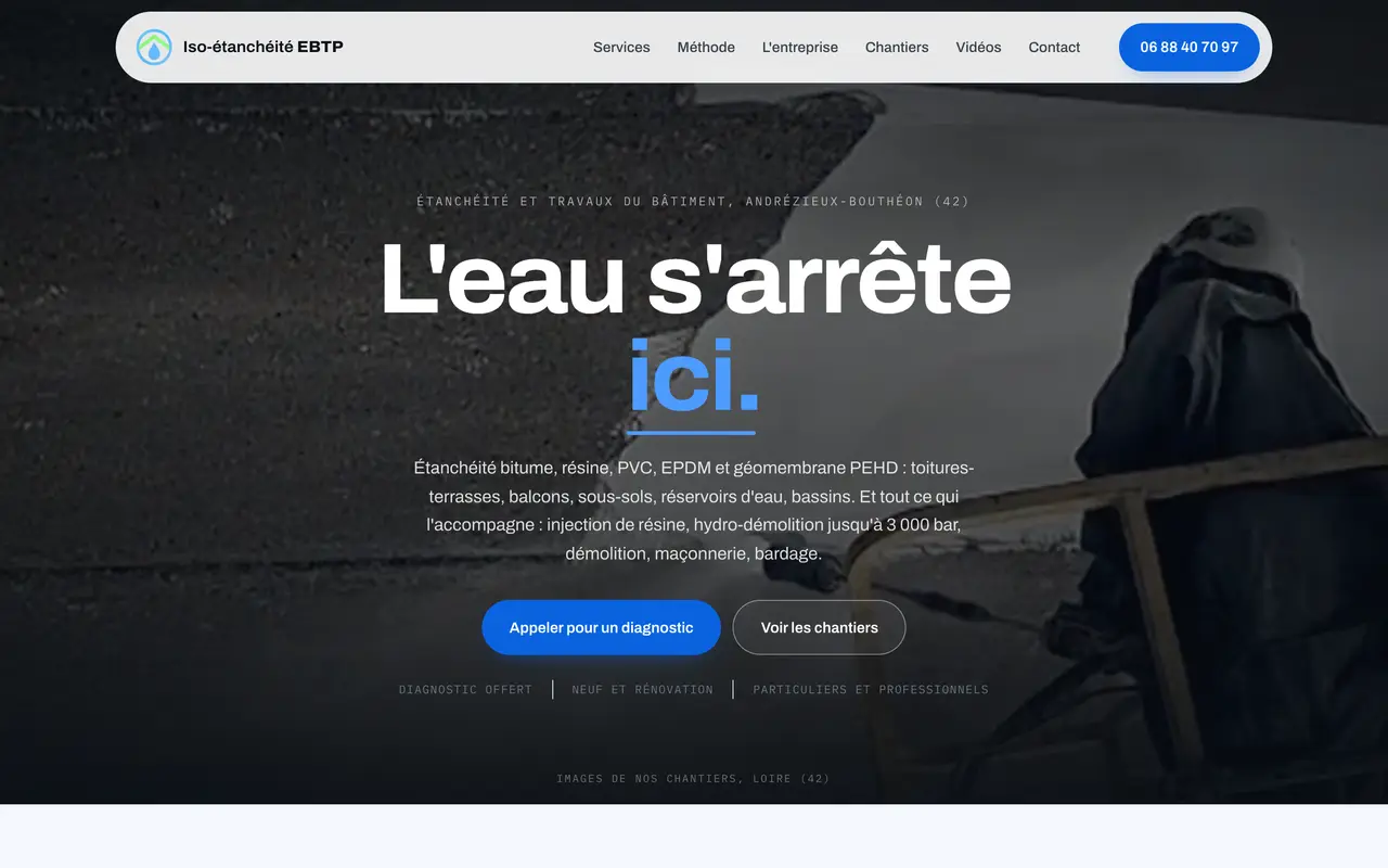 Le site d’Iso-étanchéité EBTP, étanchéité, injection, hydro-démolition, Andrézieux-Bouthéon, réalisé par Odratta